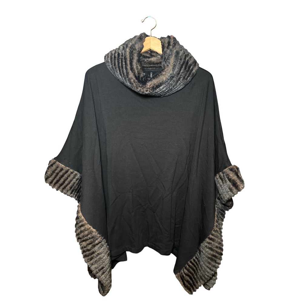 Capote Womens Black Faux Fur Trim Mock Neck Poncho Cape Wrap Size S/M